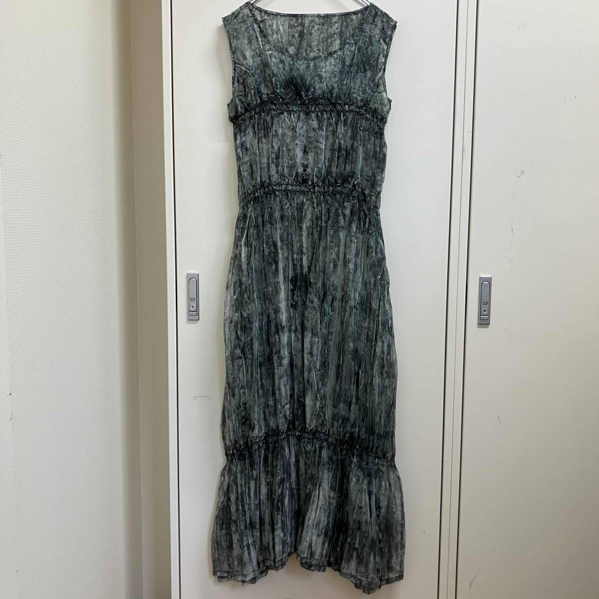 80-90s ISSEY MIYAKE ノースリーブワンピース 染加工ロングワンピース サイズL グリーン系 イッセイミヤケ