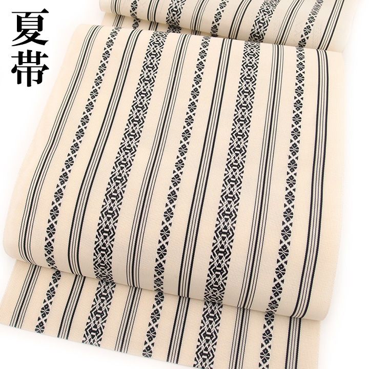 【中古】夏物 夏帯 紗 八寸名古屋帯 本場筑前博多織 正絹 オフホワイト 黒 献上文 独鈷 カジュアル 仕立て済み 送料無料 g579
