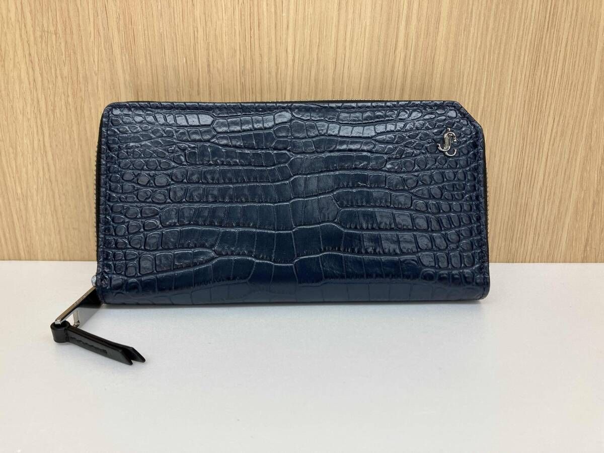 JIMMY CHOO ジミーチュウ 長財布 クロコ型押し JCロゴ付きラウンドファスナー ネイビー ブラック 通年
