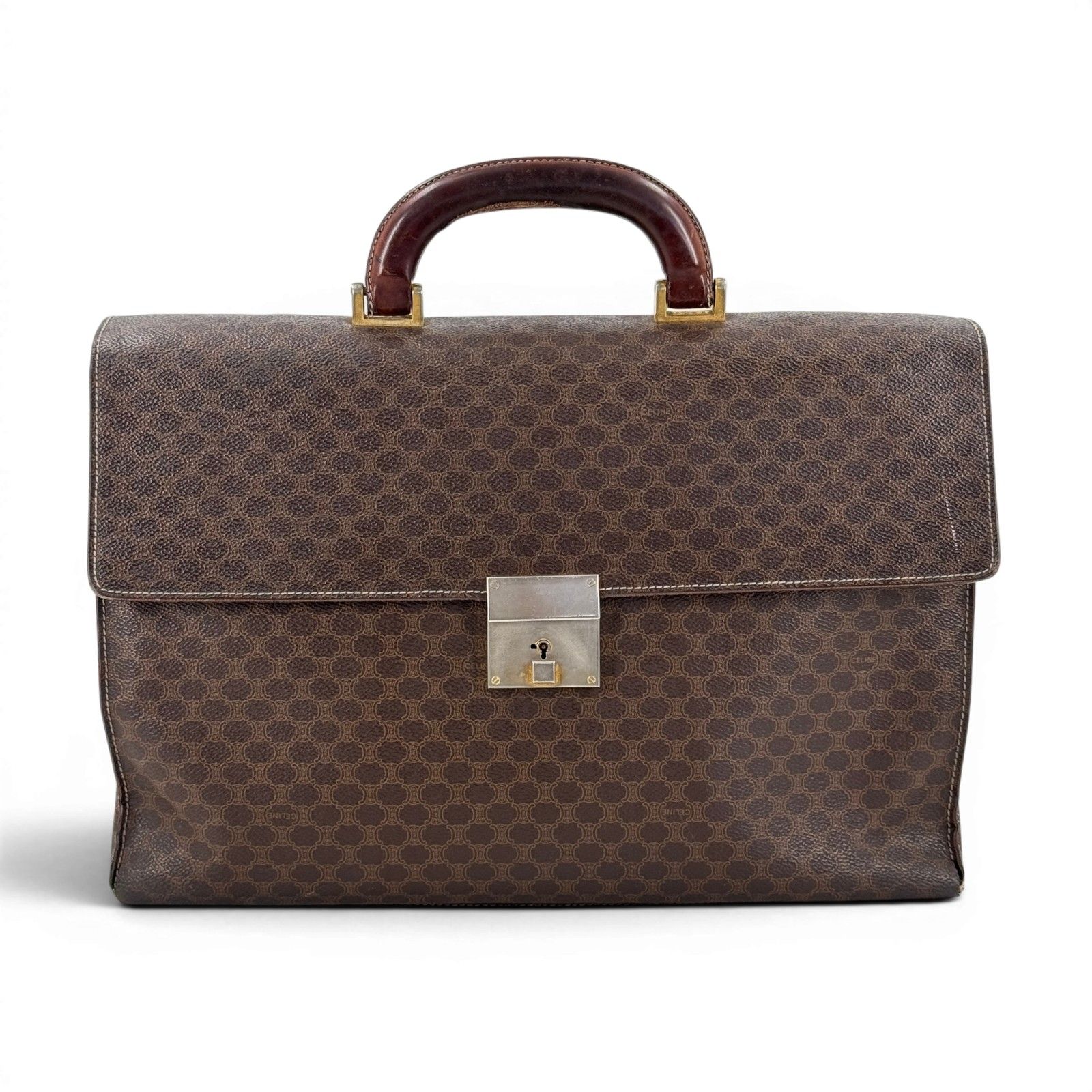 CELINE マカダム PVCレザー ブラウン ビジネスバッグ ヴィンテージ DM96