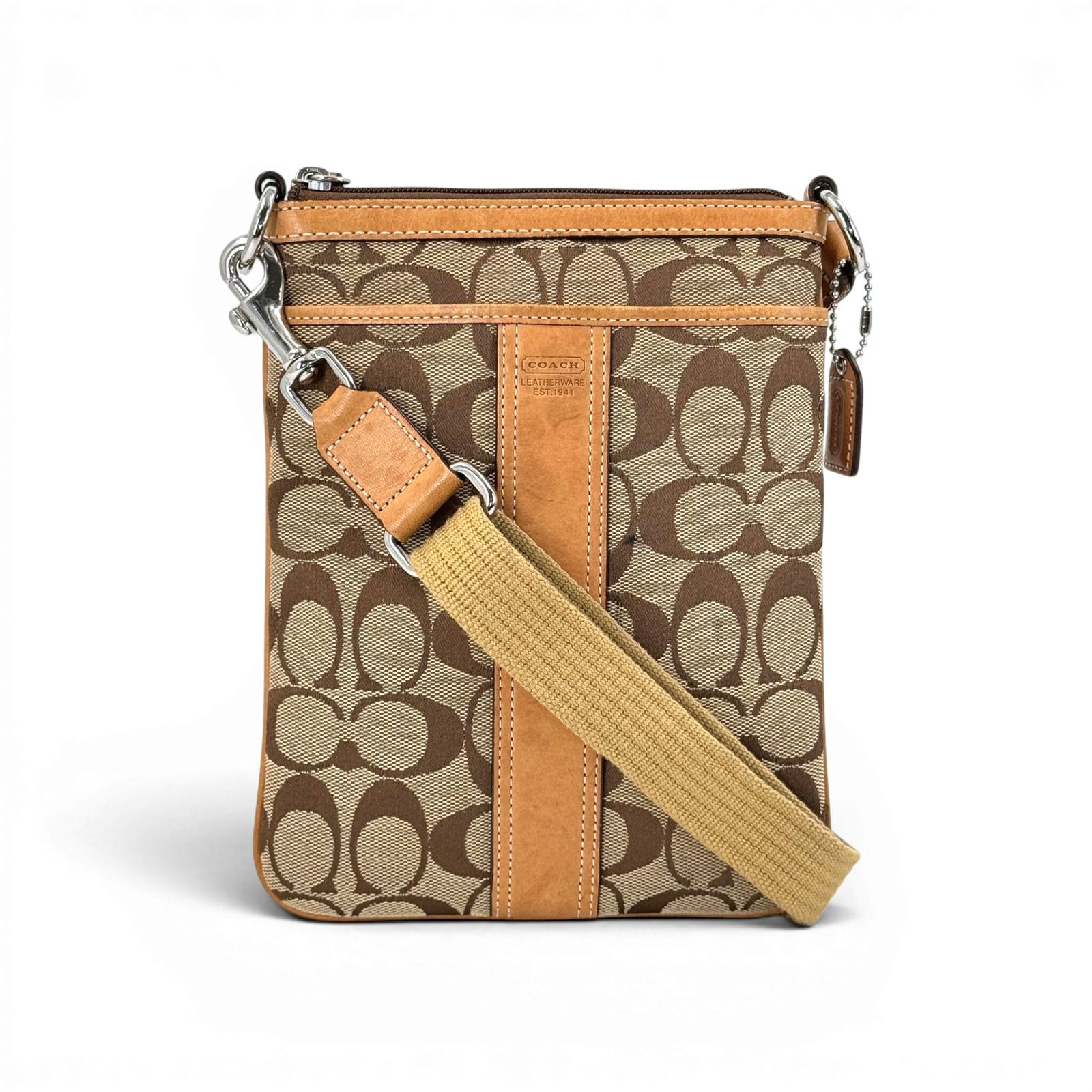 COACH シグネチャー ヘリテージ ストライプ キャンバス レザー 