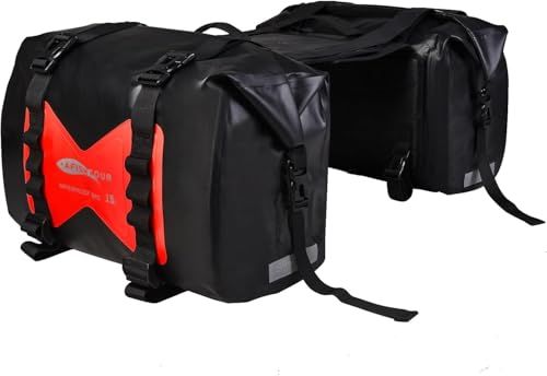 【AFISHTOUR】 バイク用サイドバッグ 完全防水 ツーリングバッグ キャンプ ロングツーリング オフロード 大容量30L(15L*2 左右セット)防塵防砂サイドバッグ 取り付け簡単 汎用 サドルバッグ ブラック(レッド)as