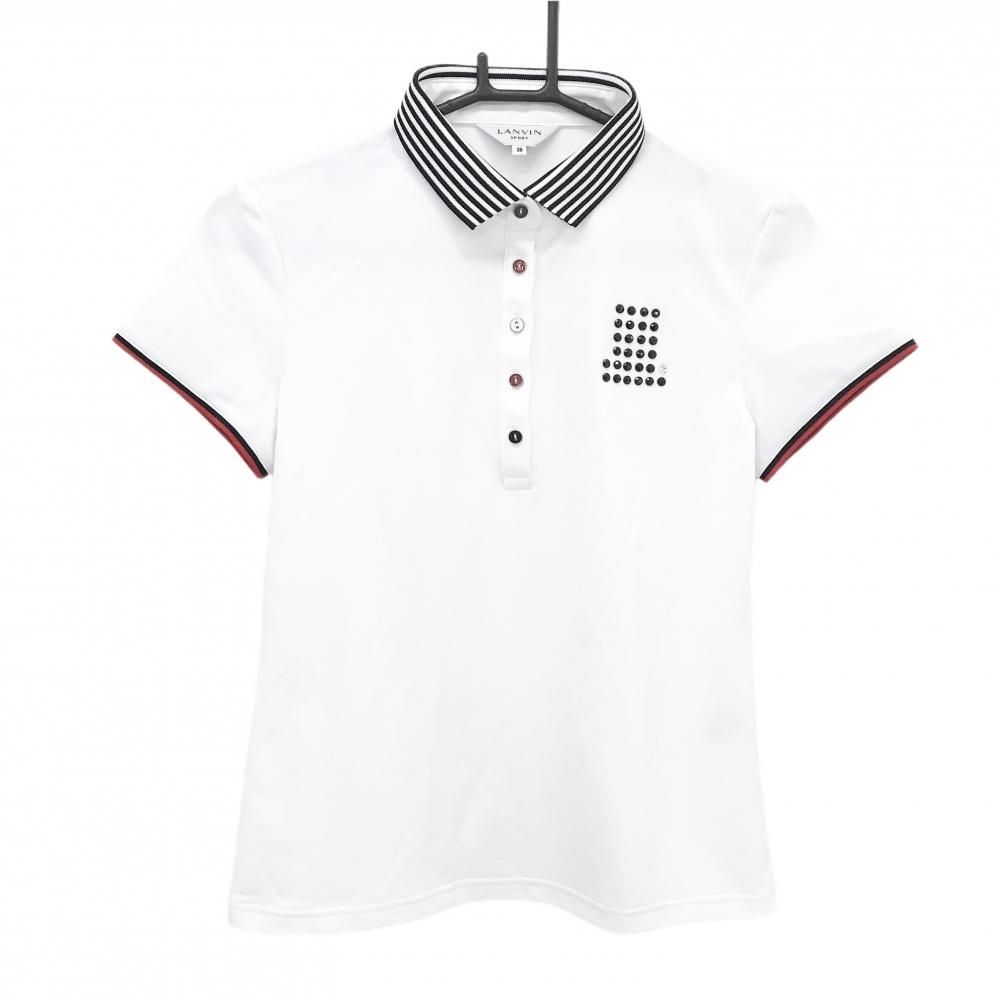 美品LANVIN SPORT ゴルフポロシャツ 38 ランバンスポール 半袖ポロシャツ 白×黒 ラインストーンロゴ