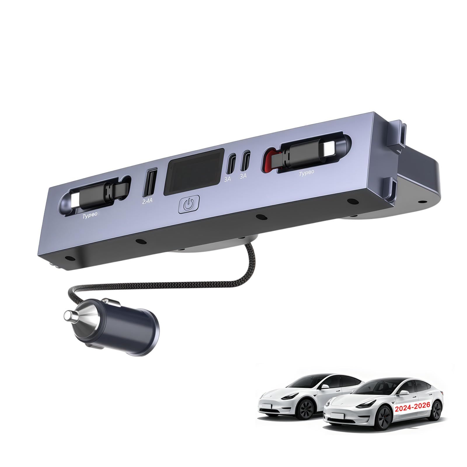 Tesla用 Model 3/Y 車 充電器巻き取り シガーソケット GiMrooii 【2026新登場】2024-2026年線長80cm×2本付属 急速充電 最大60W充電 PDポート LEDライト付き Type-C×2 センターコンソール 多ポート拡張 充