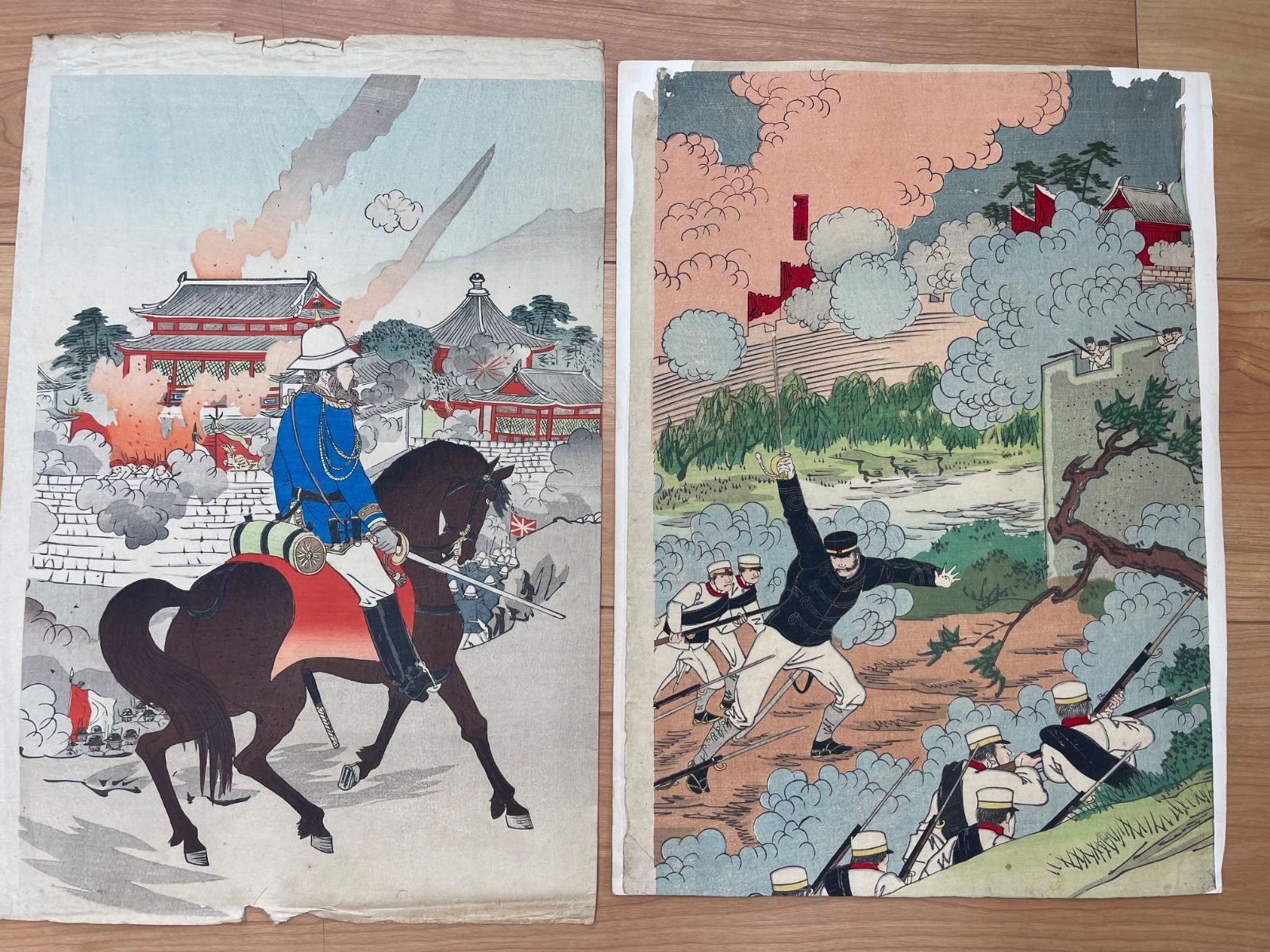 日清戦争錦絵 2枚セット「平壌の戦い」軍事観察官 骨董 浮世絵 7,000円