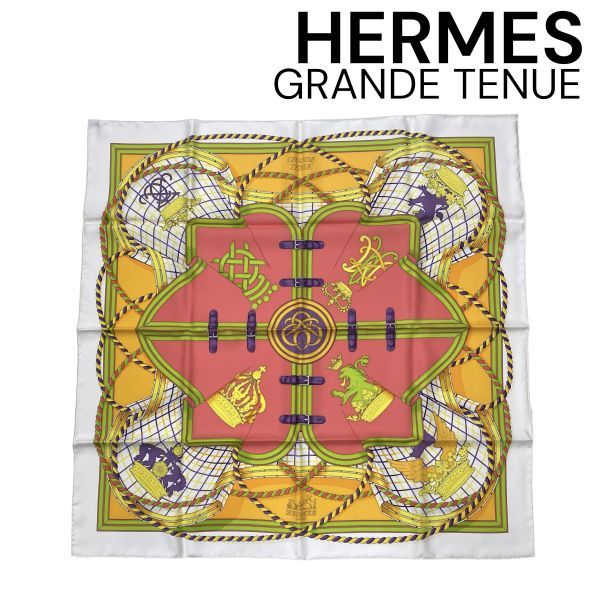 ● 美品 エルメス HERMES スカーフ カレ90 バンダナ GRANDE TENUE 馬の礼装 馬具 乗馬 白 マルチカラー シルク100％ レディース 6D429