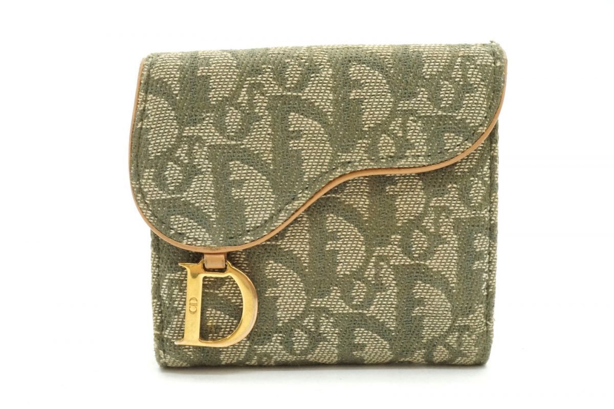 クリスチャン ディオール サドル コンパクトウォレット トロッター ニつ折り 財布 サイフ キャンバス 緑 グリーン Christian Dior 7205k