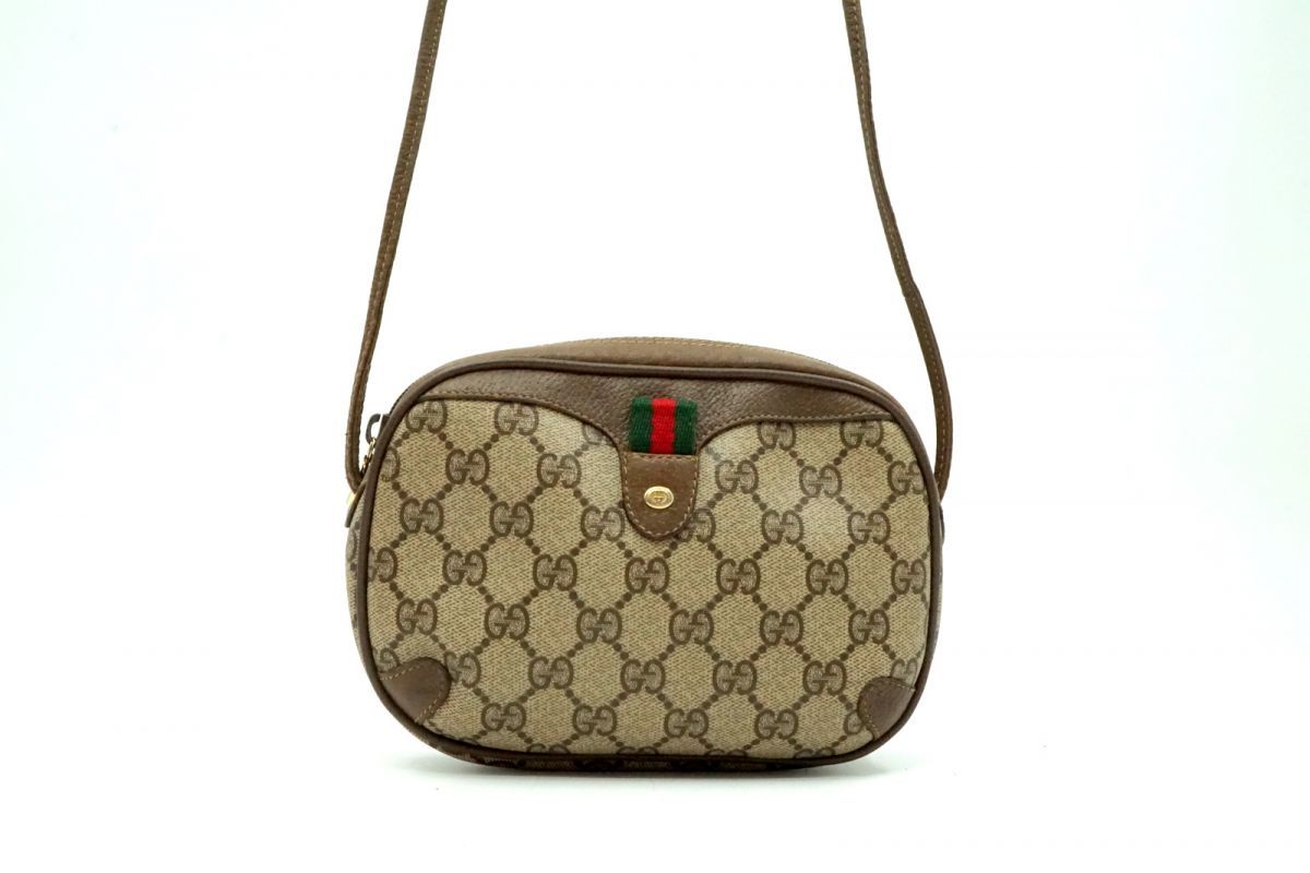 グッチ アクセサリーコレクション ヴィンテージ ミニ ショルダーバッグ シェリーライン GGプラス PVCレザー 茶 ブラウン GUCCI 7213h