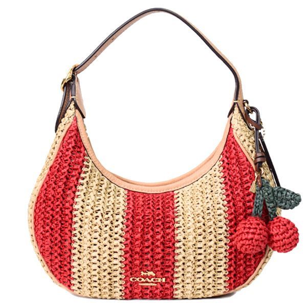コーチ バッグ COACH かごバッグ 三日月型 ストロー レザー エミリー ストライプ チャーム付き ロゴ 2way クロスボディ 斜め掛け ショルダーバッグ ハンドバッグ レッド×タン CEN03