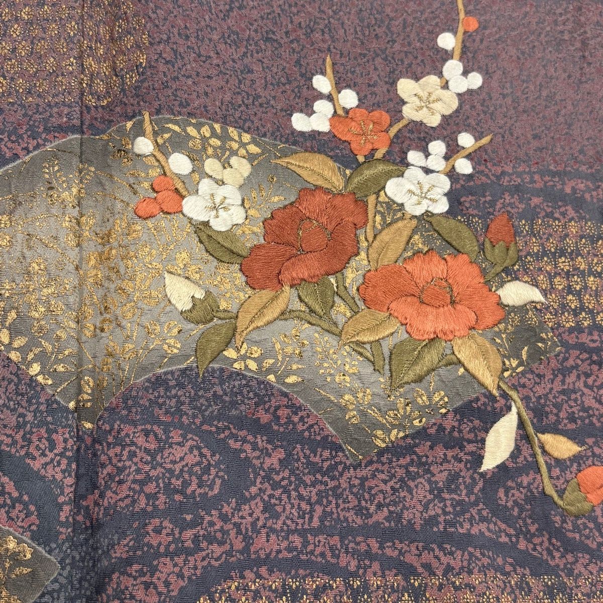 在庫一掃】 訪問着 身丈159cm 裄丈67cm M 袷 扇面 草花 刺繍 金彩 赤紫