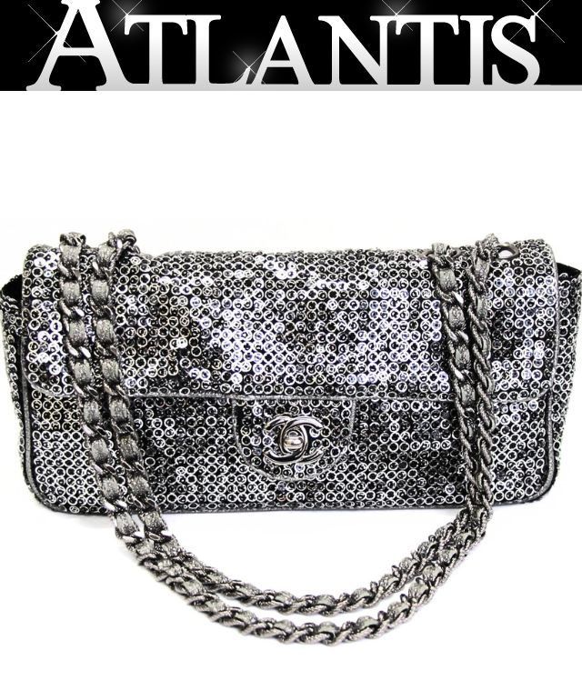 シャネル CHANEL イーストウエスト チェーンショルダー スパンコール 黒 S金具 11番台 【75690】