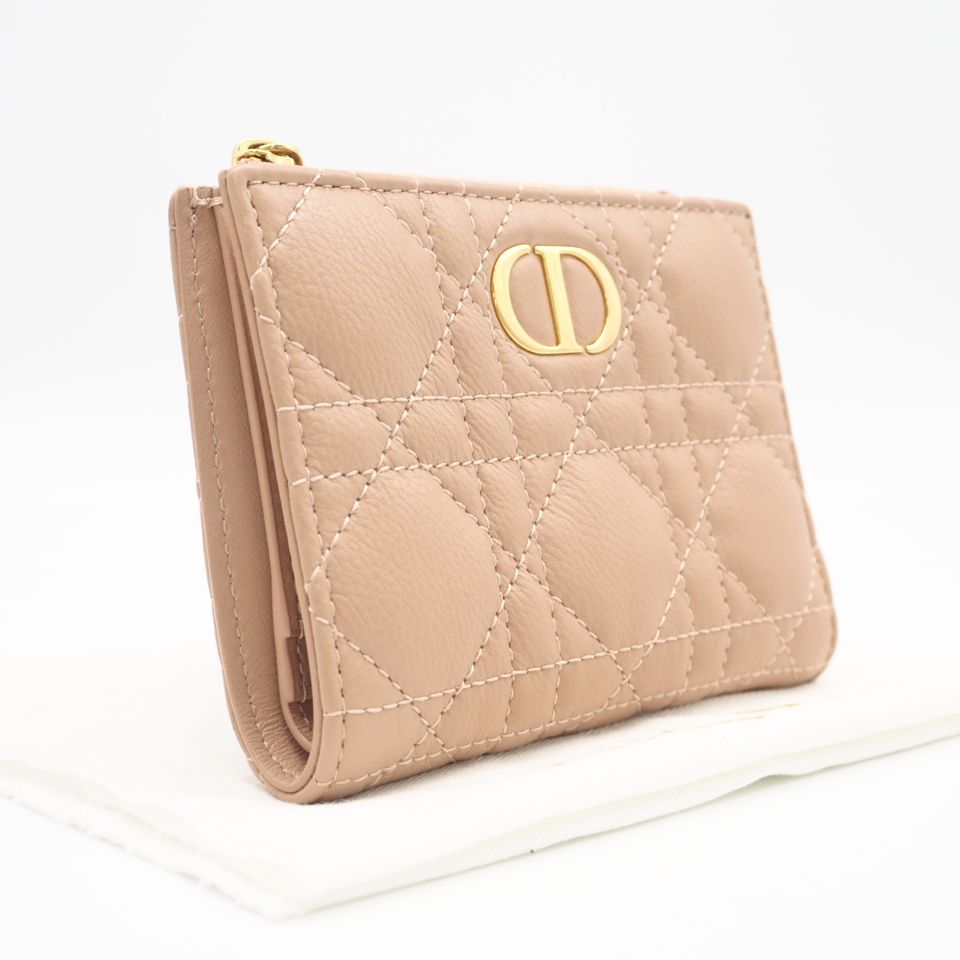 ★3日以内返品可★ 美品 Dior ディオール カーフスキン Dior Caro Dahlia ウォレット S5173UWHC 二つ折り財布 ピンクベージュ カーフレザー レディース
