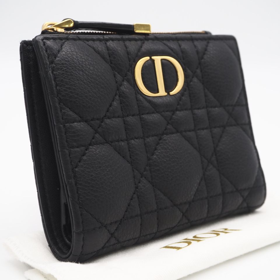 ★3日以内返品可★ 美品 Dior ディオール カナージュ カーフスキン Dior Caro Dahlia ウォレット S5173UWHC 二つ折り財布 ブラック カーフレザー レディース