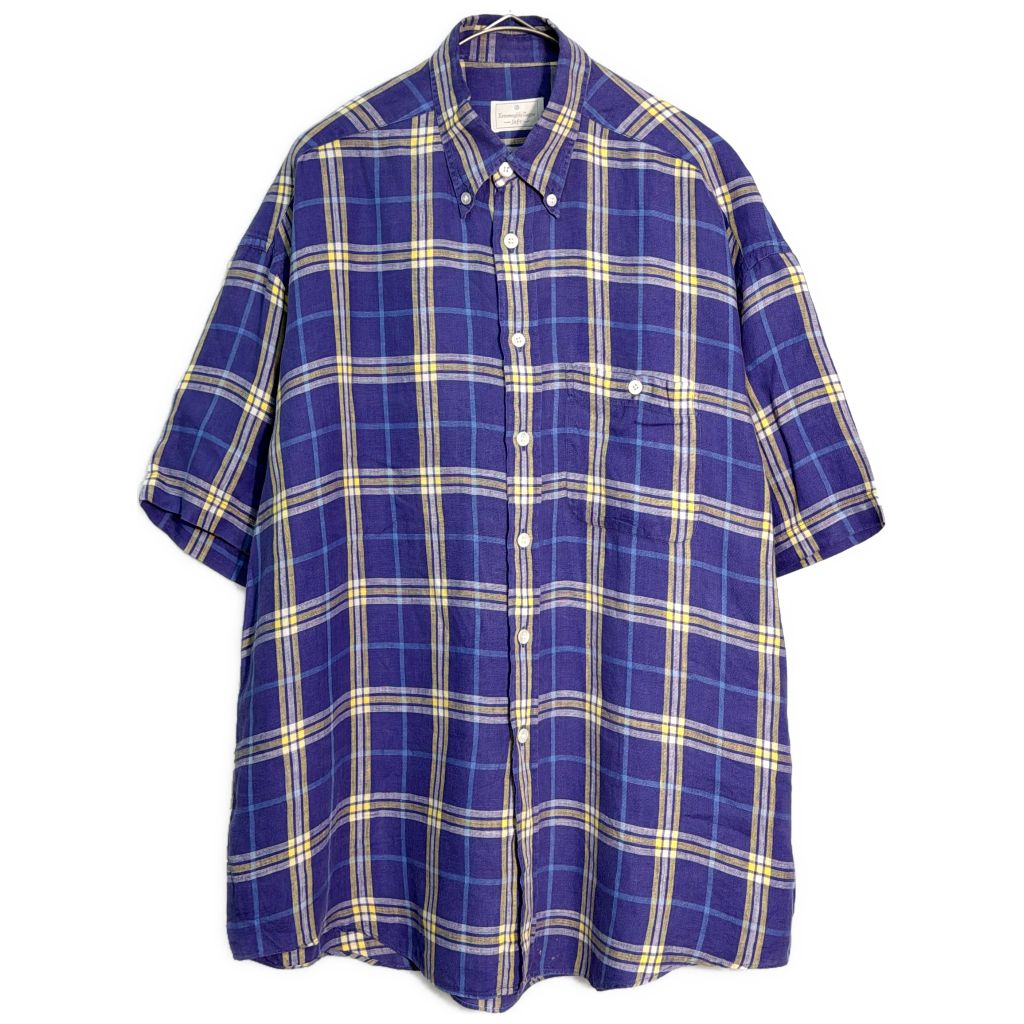 Ermenegildo Zegna エルメネジルドゼニア ボタンダウン リネンシャツ 大きいサイズ チェック ブルー(メンズ XL相当)中古 古着 Y5816