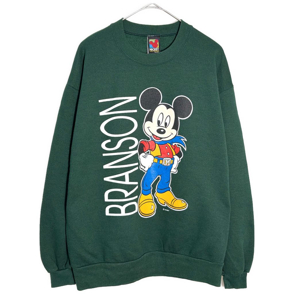 90年代 USA製 Disney ディズニー ミッキーマウス カウボーイ スウェット キャラクター グリーン(メンズ LARGE)中古 古着 Y5821