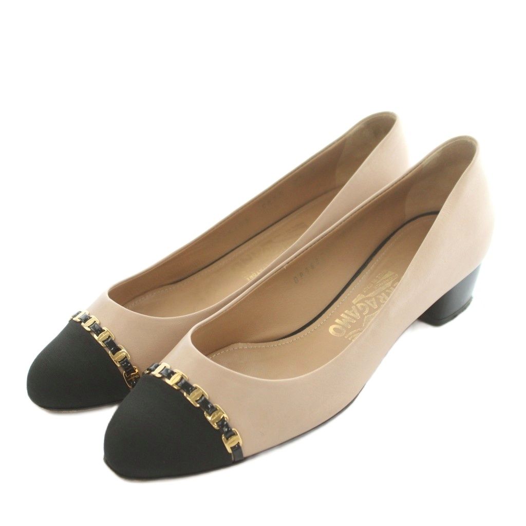 サルヴァトーレフェラガモ Salvatore Ferragamo ヴァラチェーン バイカラーパンプス チャンキーヒール 24.0cm ピンク 黒 ブラック /MI ■OS