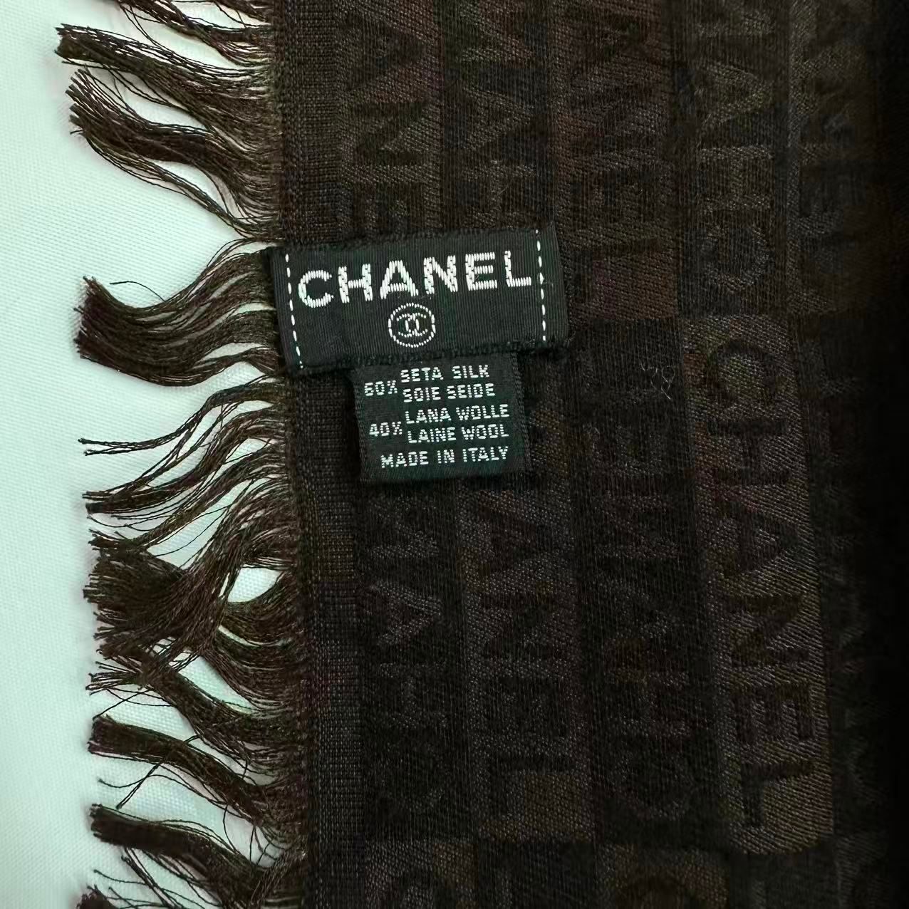 極美品 CHANEL シャネル ストール マフラー ロゴ 総柄 ブラウン - メルカリ