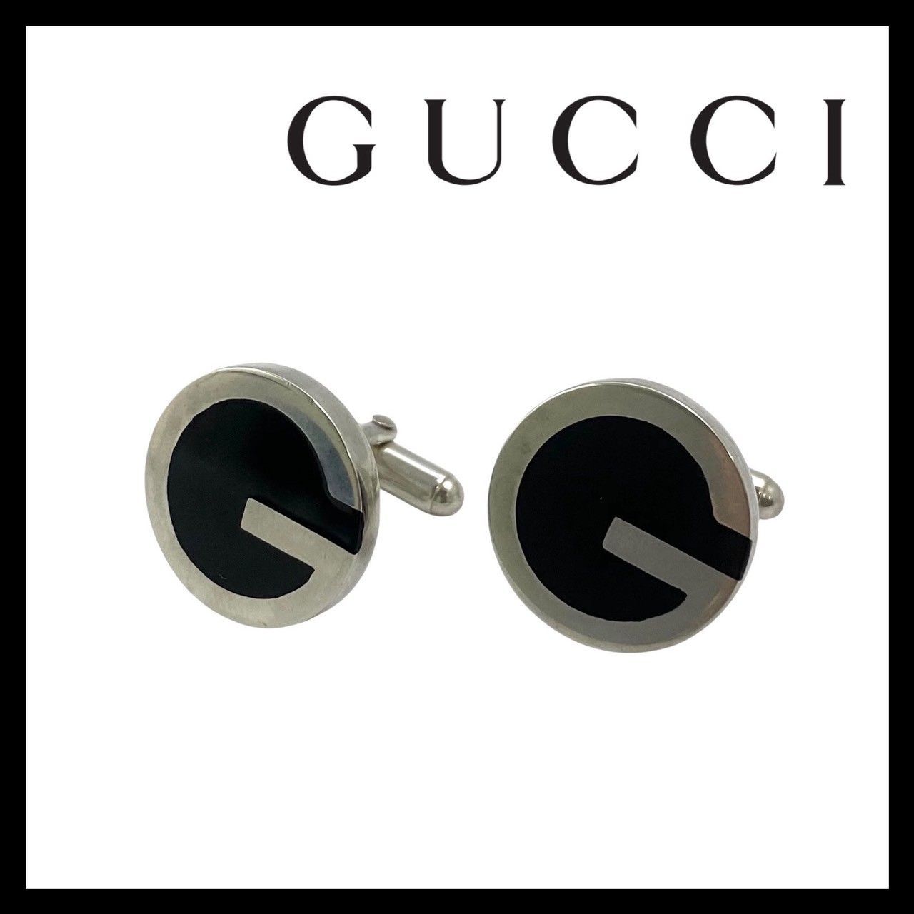 O【GUCCI】Gロゴ カフス SV925 SILVER/シルバー 総重量約24.2g オニキス ブラック/黒 サークル ラウンド カフリンクス グッチ (68920-OY2-1) 8,555円