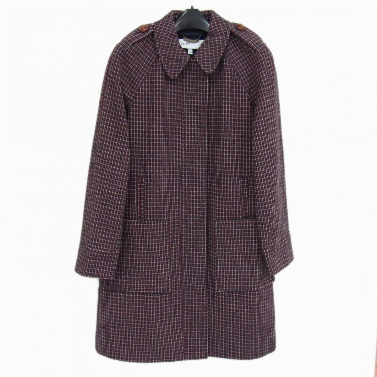 ◇SEE By CHLOE 比翼型 デザイン ウールコート エポレット チェック柄 秋冬物 シーバイクロエ レディース ルーマニア製