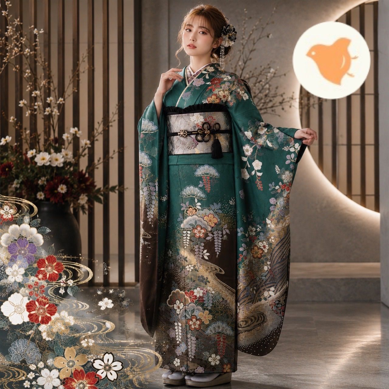 振袖セット リサイクル 成人式 正絹 緑 茶色 松に桜や藤柄 2点セット 身丈 168.8cm 裄 65.8cm ランクB 【S027】