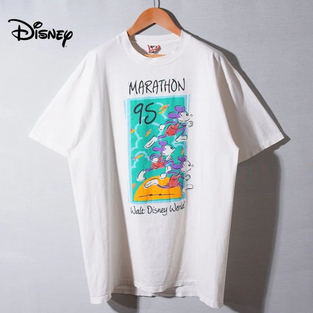 90s USA製 1995年製 ディズニー Disney Tシャツ XL ホワイト ミッキー MICKEY ヴィンテージ Vintage シングルステッチ ディズニー マラソン Disney MARATHON オーバーサイズ ストリート 古着 b7012
