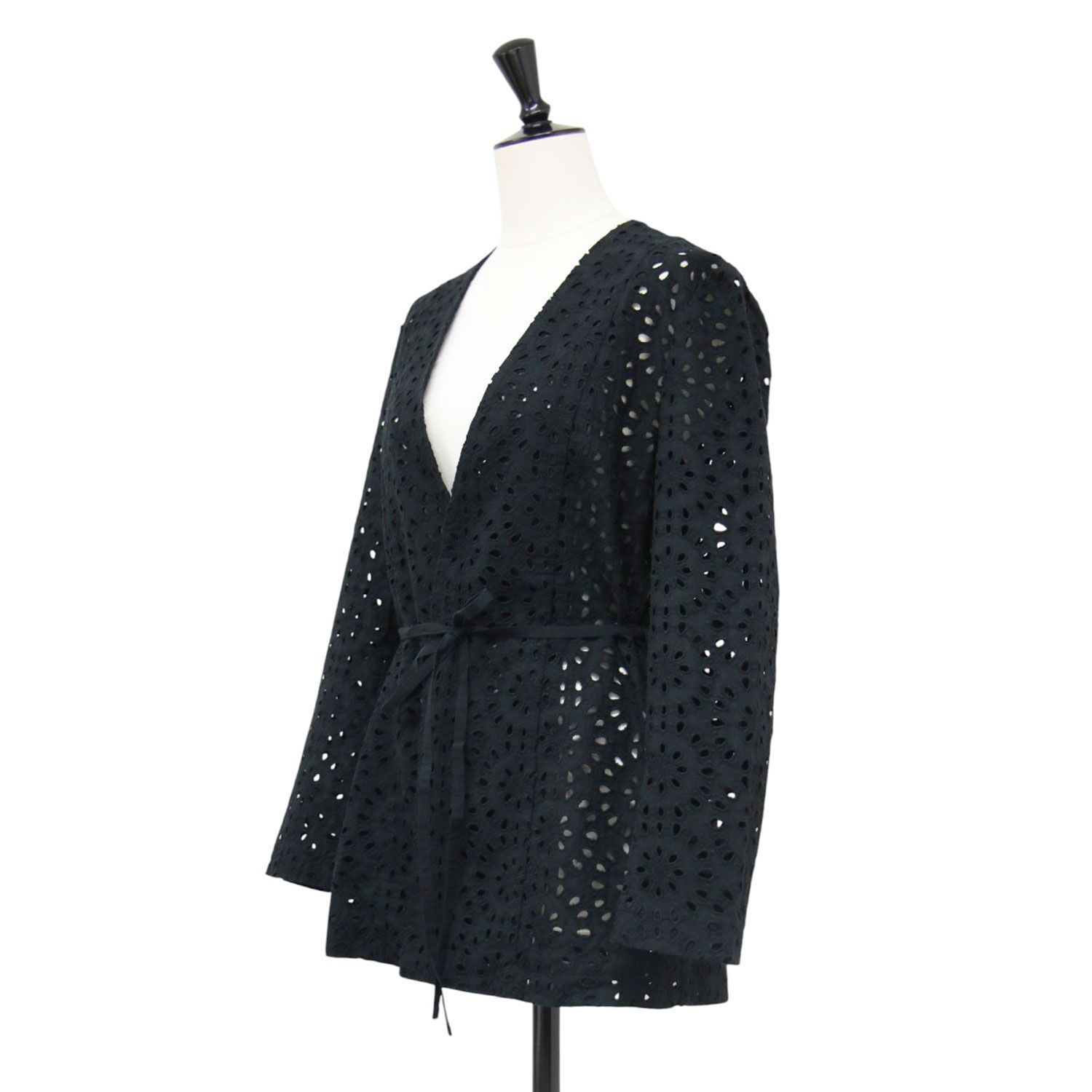 Ballsey ボールジー ジャケット ブラック 黒 サイズ:36(9号) コットン カットワークレース ノーカラー ジャケット 長袖 Vネック 刺繍 ベルト付き 日本製 アウター ブルゾン 上着 羽織り【レディース】【中古】