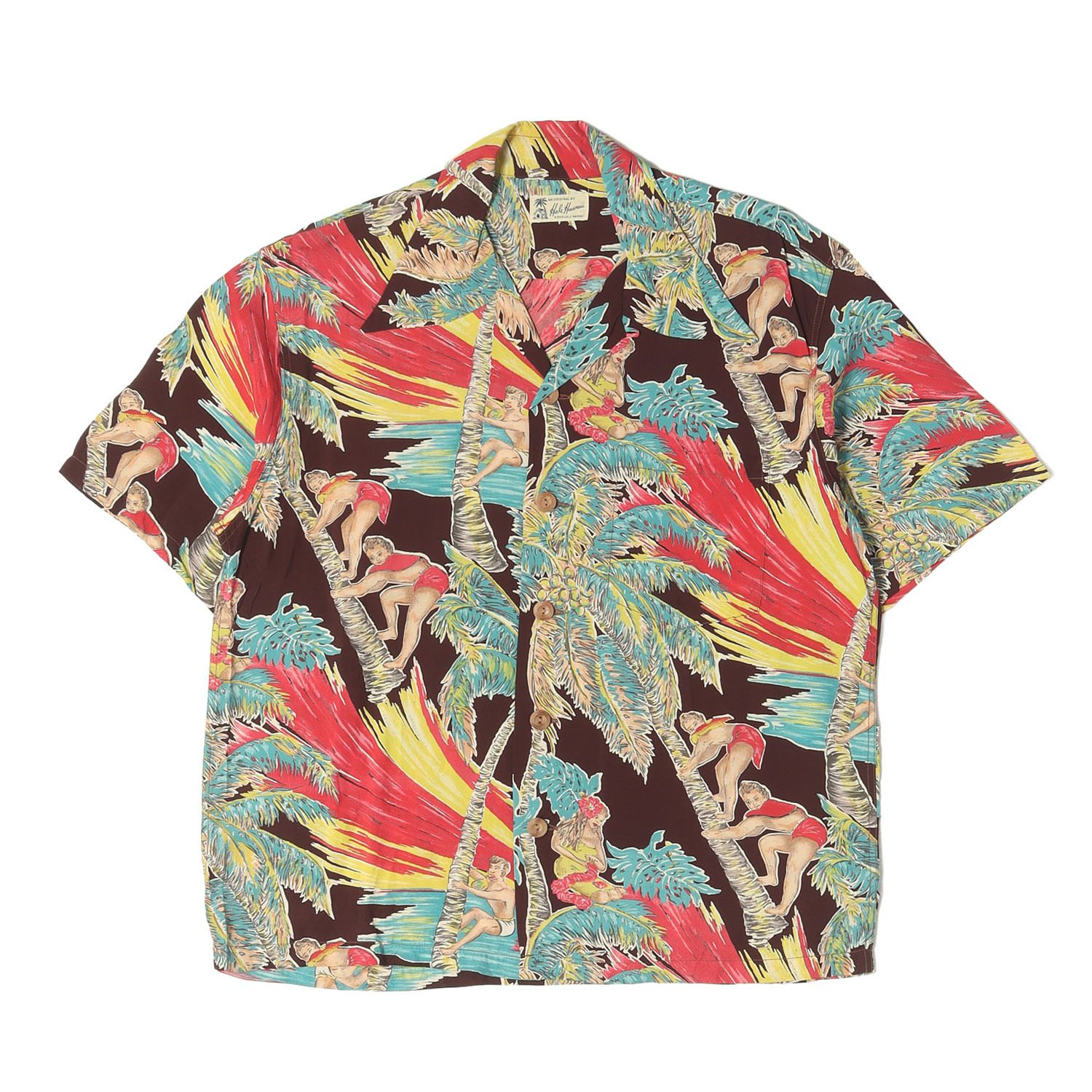 SUN SURF サンサーフ シャツ ブラウン サイズ:S 90s ココナッツクライマー柄 レーヨン アロハシャツ HALE HAWAII実名復刻 SPECIAL EDITION M32541 90年代 ヴィンテージ 古着 トップス ハワイアンシャツ【中古】