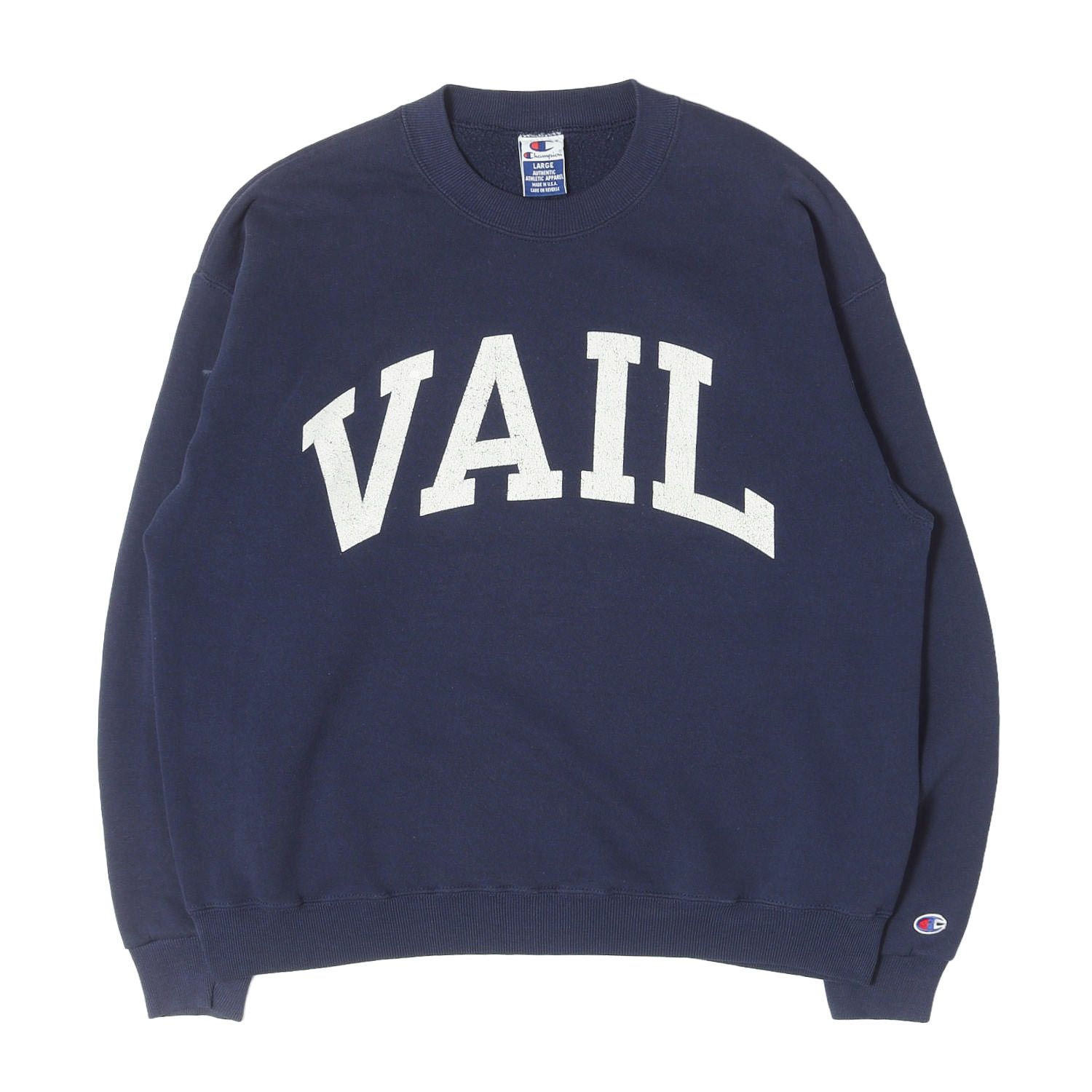 【雰囲気抜群 青タグ】Champion vintage チャンピオン ヴィンテージ スウェット ネイビー 紺 サイズ:L 90s VAILロゴ クルーネック スウェットシャツ USA製 90年代 古着 トップス トレーナー【メンズ】【中古】