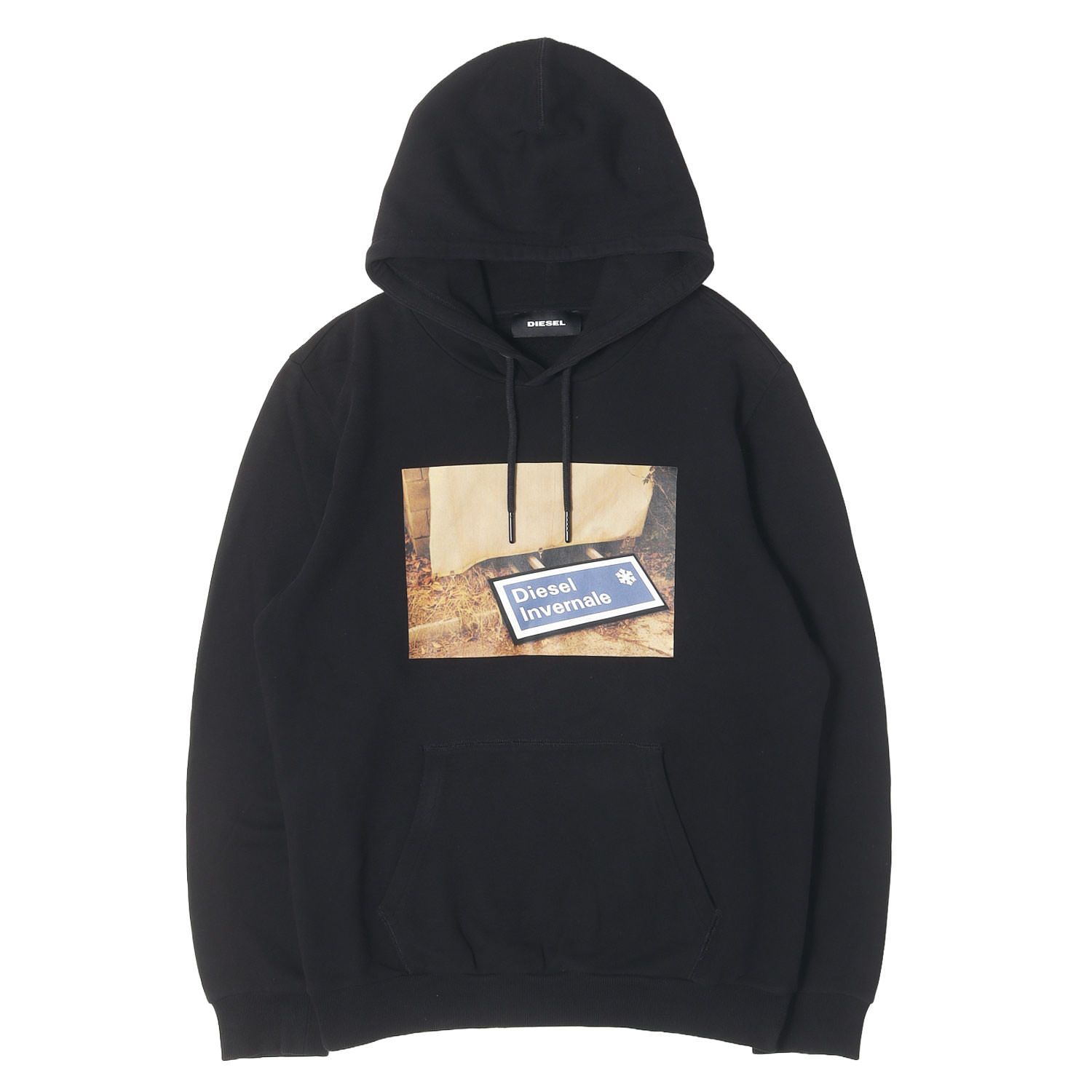 【美品】DIESEL ディーゼル パーカー ブラック 黒 サイズ:L フォトグラフィック ロゴ スウェット パーカー トップス フーディー プルオーバー【メンズ】【中古】