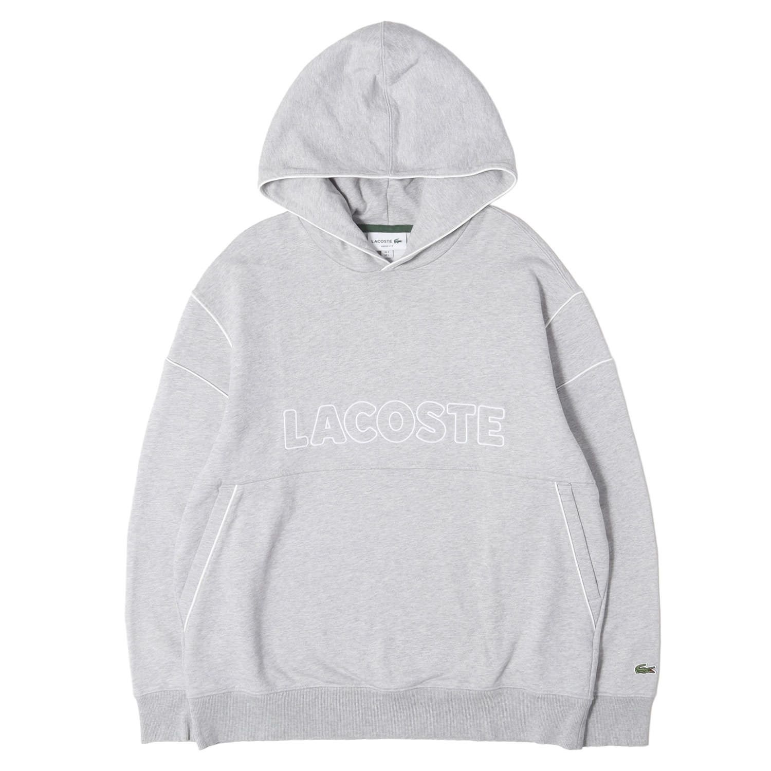 【美品】LACOSTE ラコステ パーカー ヘザーグレー サイズ:L 24AW アウトラインネームステッチ スウェット パーカー トップス フーディー プルオーバー【メンズ】【中古】