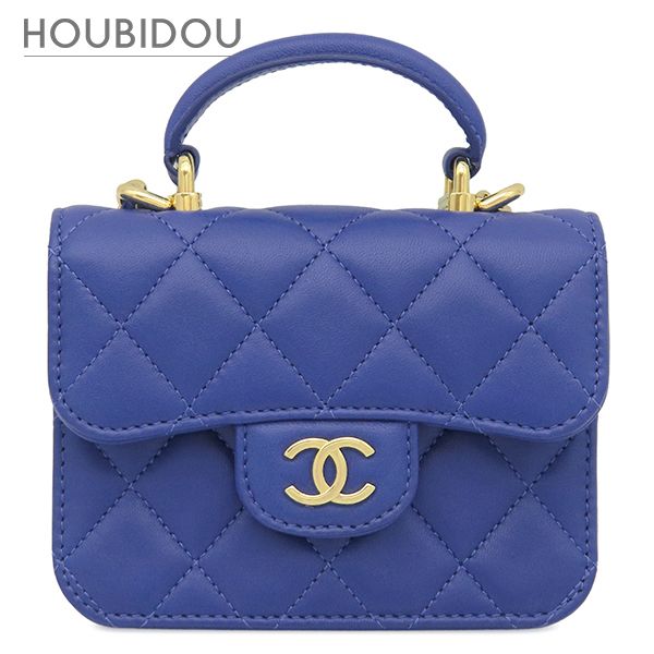 シャネル CHANEL ショルダーバッグ マトラッセ ミニミニ チェーンバッグ ラムスキン ブルー シャンパンゴールド金具 ココマーク トップハンドル 31****** 【箱】【中古】