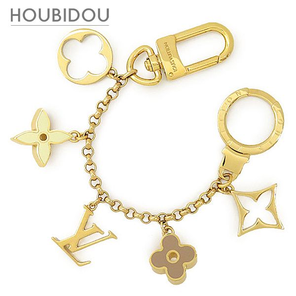 ルイヴィトン LOUIS VUITTON バッグチャーム フルール ドゥ モノグラム GP エナメル ピンクベージュ×アイボリー ゴールド金具 LVロゴ キーホルダー M65111 DP0164【中古】