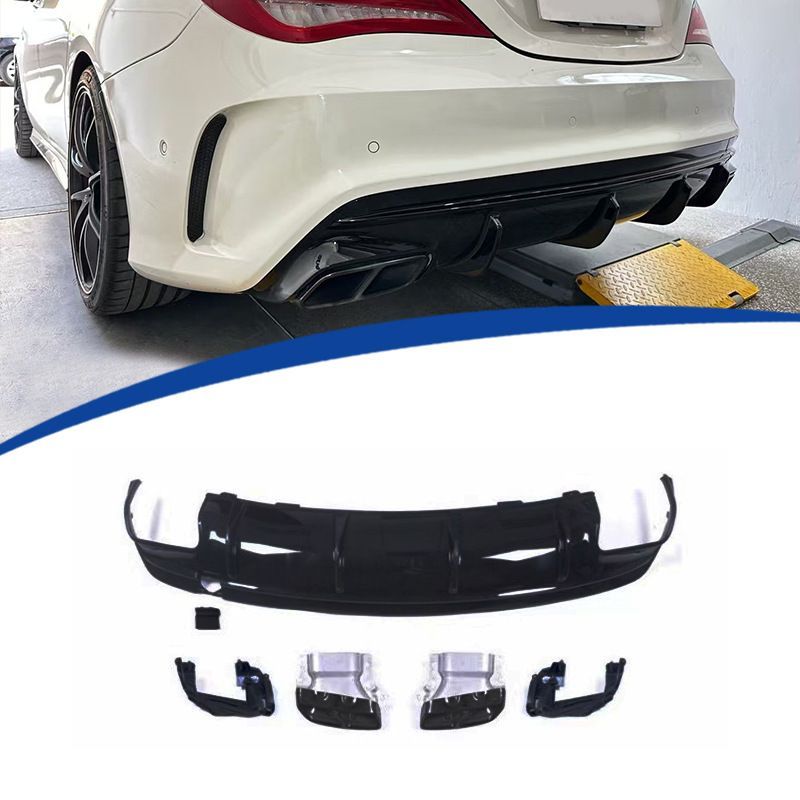 ベンツ CLA W117 2013-2018年対応 リアバンパーアンダーパネルセット ABS製 マフラーエンド部 シルバー/ブラック 交換取付式 リアまわり 外装アクセントパーツ