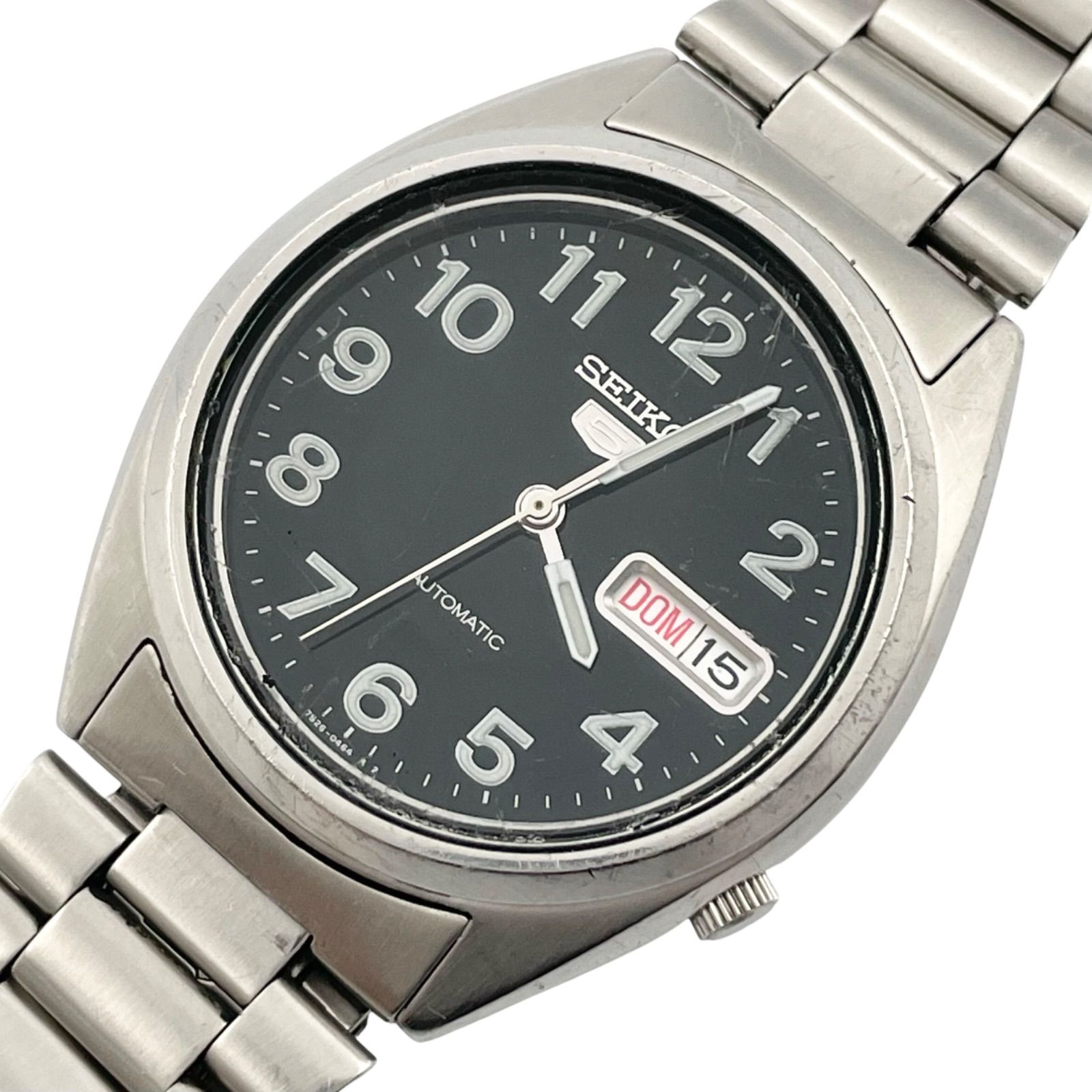 稼働 SEIKO 5 セイコーファイブ 自動巻き 腕時計 7S26 3180 デイデイト 黒文字盤 シルバー 3針 【o9】