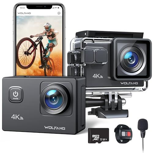 WOLFANG GA100 アクションカメラ 【32GBメモリーカード付き】 4K 2000万画素 防水40M 水中スポーツカメラ ウェアラブルカメラ EIS手振れ補正 WiFi機能 170°広角ヘルメットカメラ（外部マイクロフォン, リモコン, 2個バッテi