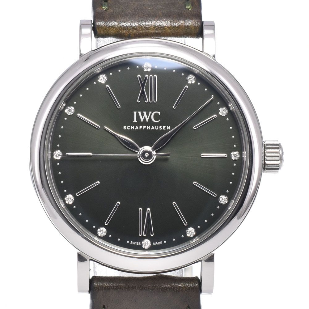 IWC IWC SCHAFFHAUSEN IW357412 ポートフィノ 12Pダイヤモンド カーキ 自動巻き レディース 美品 保証書付き 腕時計 Q#149067