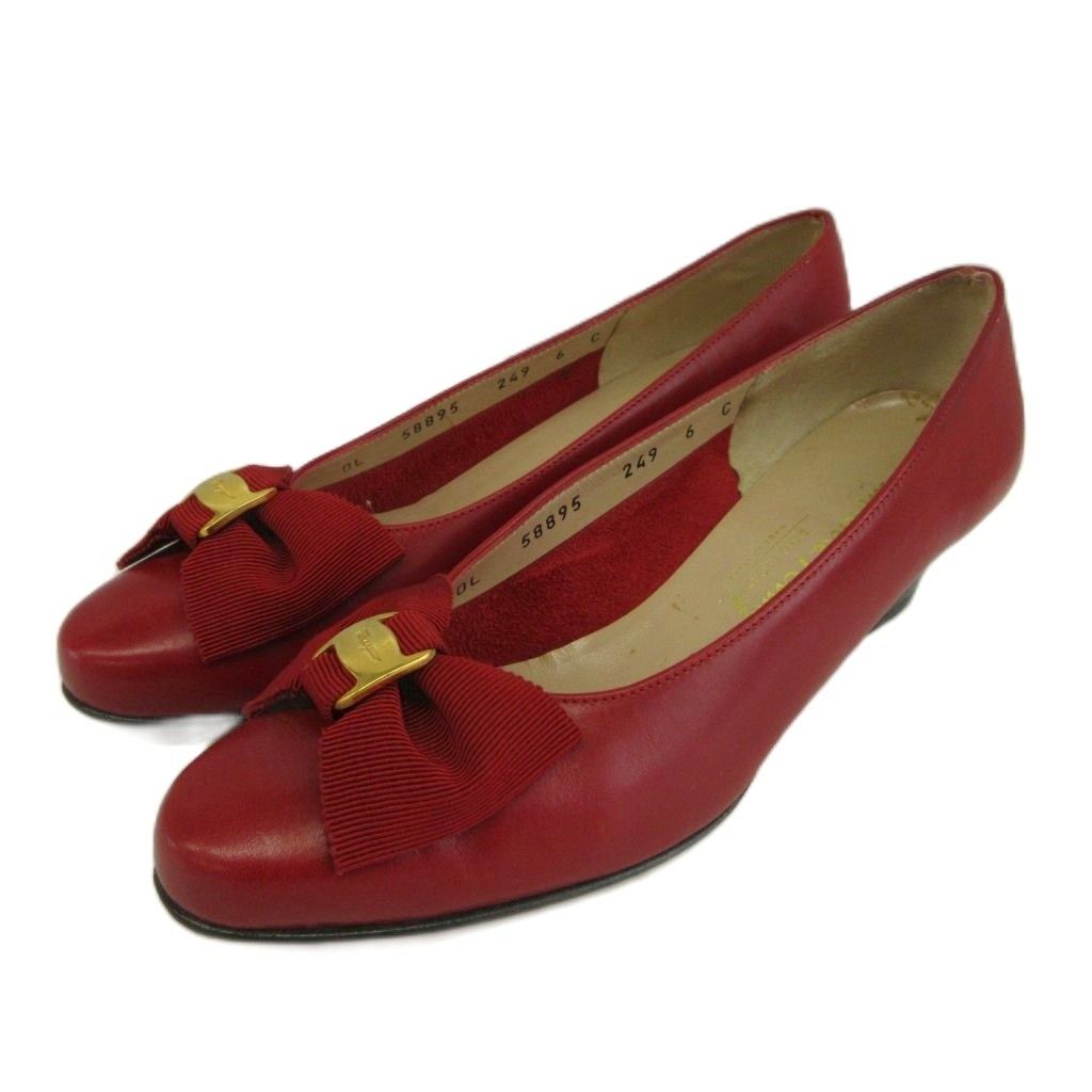 サルヴァトーレフェラガモ Salvatore Ferragamo ヴァラ パンプス レザー ラウンドトゥ チャンキーヒール グログランリボン ロゴプレート 6 23.5cm 赤 レッド /XZ ■GY42
