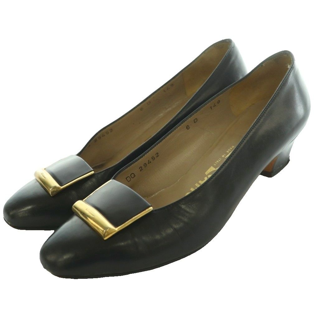 サルヴァトーレフェラガモ Salvatore Ferragamo パンプス ゴールド金具 スクエアトゥ レザー 黒 ブラック 6D 黒 ブラック /SS ■OS ■GY50