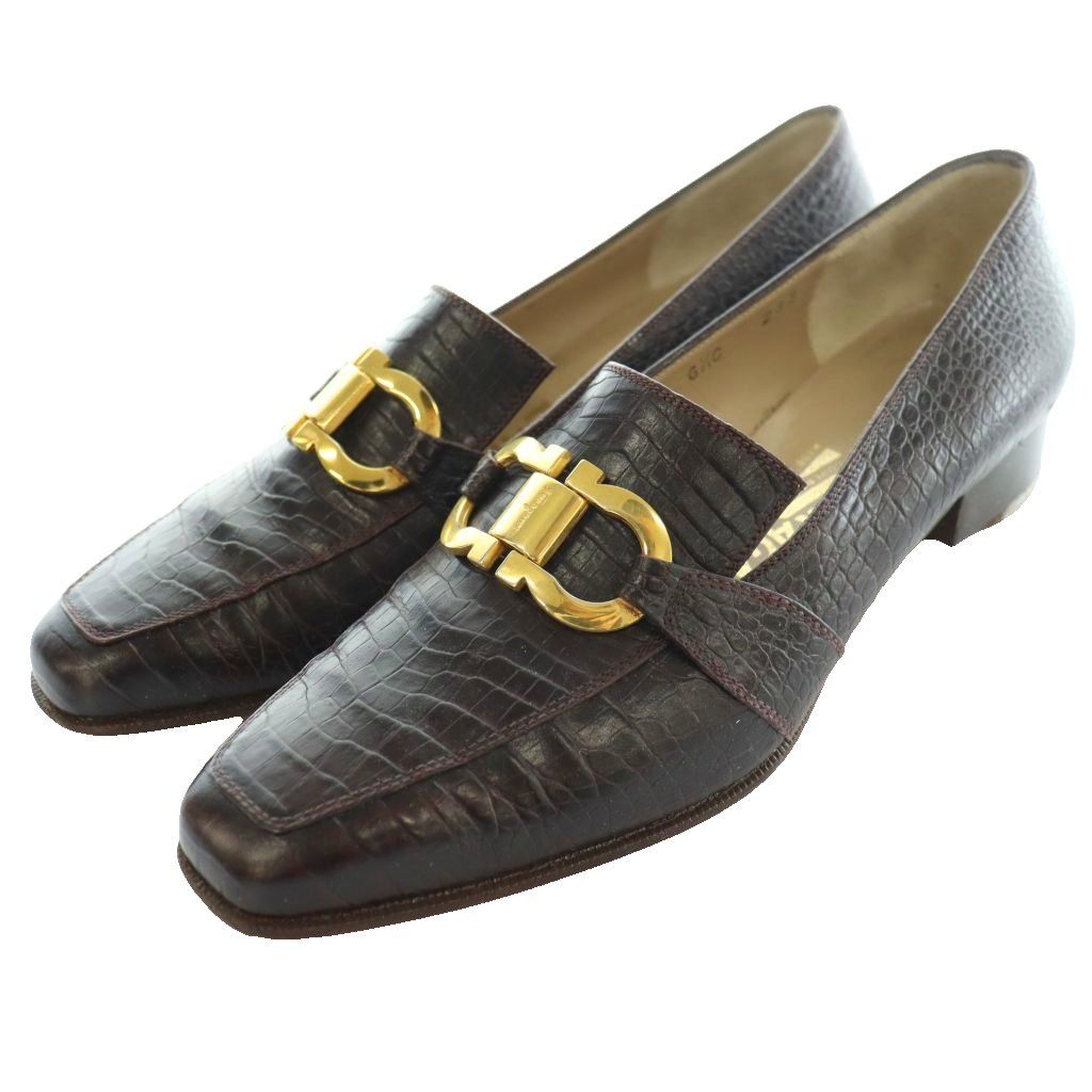 サルヴァトーレフェラガモ Salvatore Ferragamo クロコ型押しローファー ガンチーニ スクエアトゥ レザー ロゴ 6.5C 茶 ブラウン /SS ■OS ■GY50