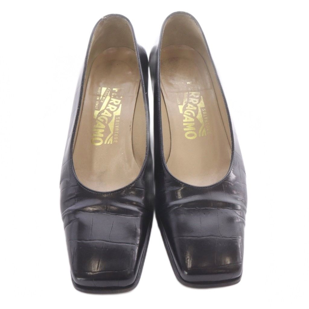 サルヴァトーレフェラガモ Salvatore Ferragamo パンプス クロコ型押しレザー スクエアトゥ 22.5cm 黒