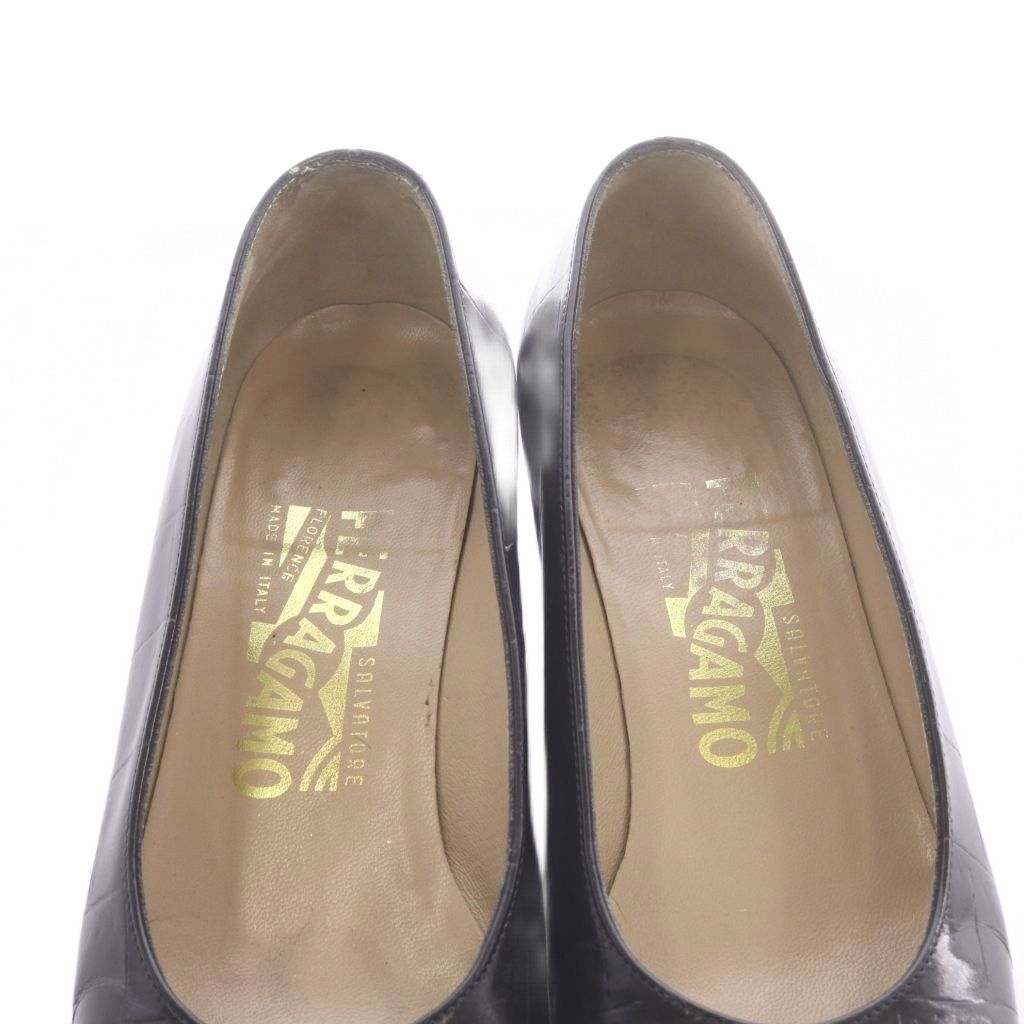 サルヴァトーレフェラガモ Salvatore Ferragamo パンプス クロコ型押しレザー スクエアトゥ 22.5cm 黒