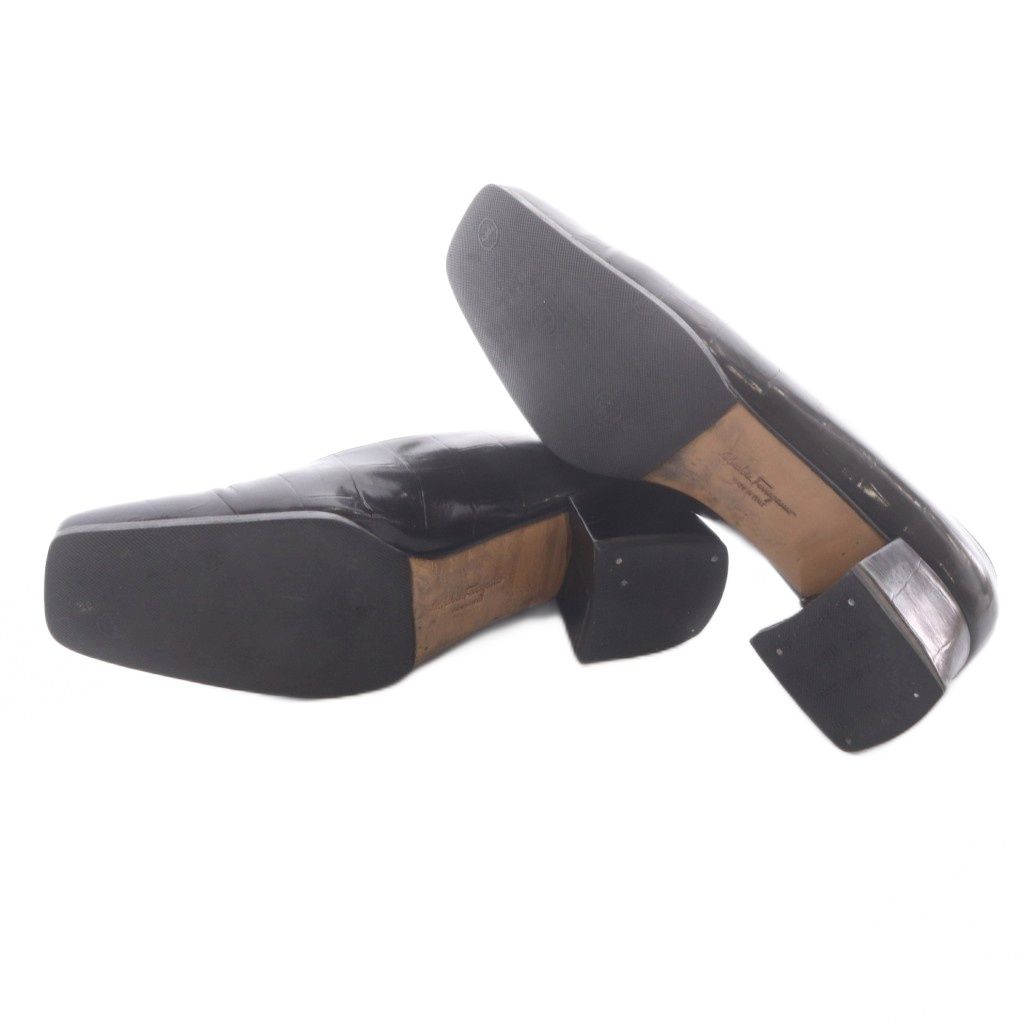 サルヴァトーレフェラガモ Salvatore Ferragamo パンプス クロコ型押しレザー スクエアトゥ 22.5cm 黒