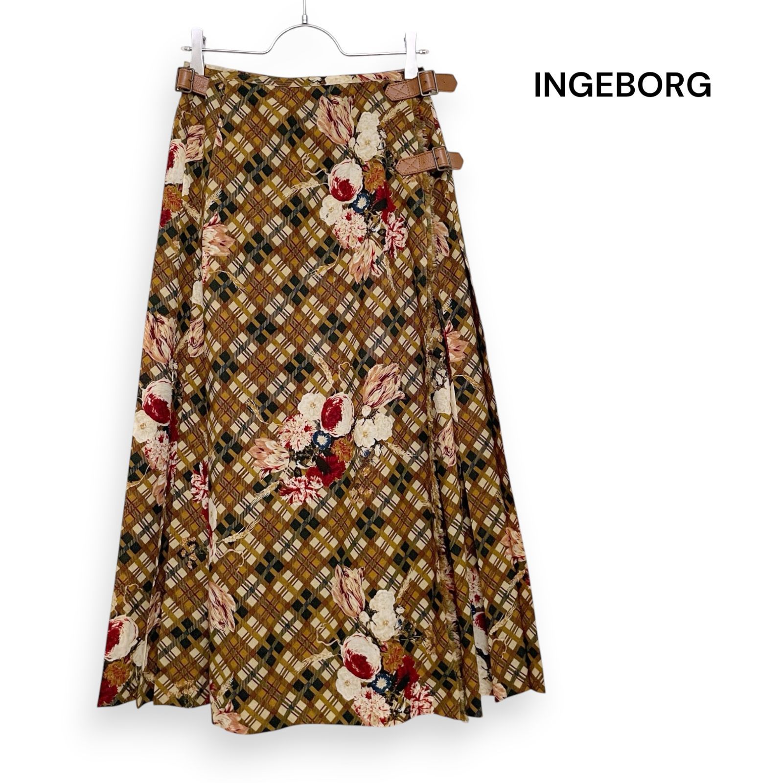 INGEBORG インゲボルグ プリーツ 薔薇 チェック ラップスカート ピンク