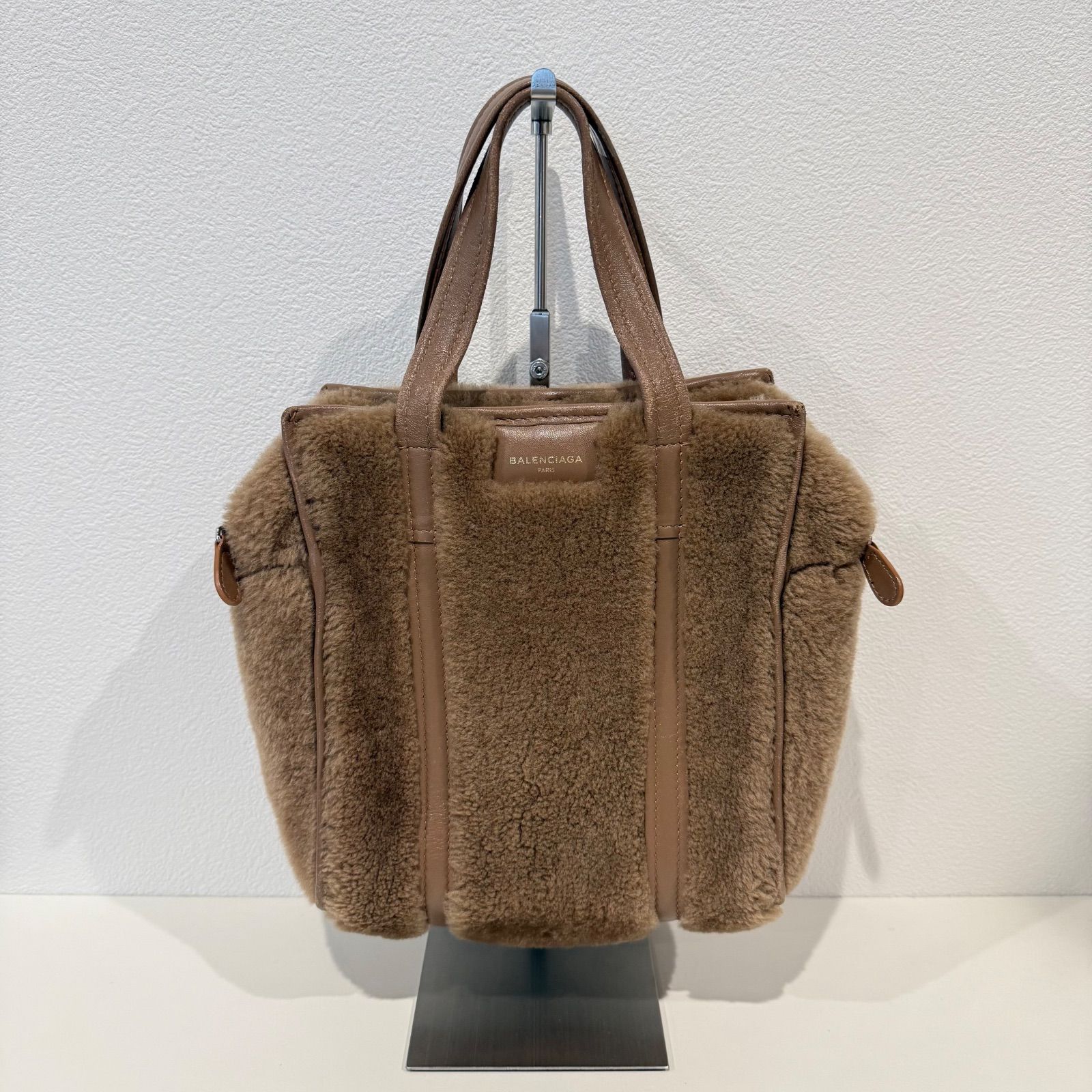 BALENCIAGA バザールショッパー 2way ショルダーバッグ ハンドバッグ ファー ムートン レザー ブラウン レディース