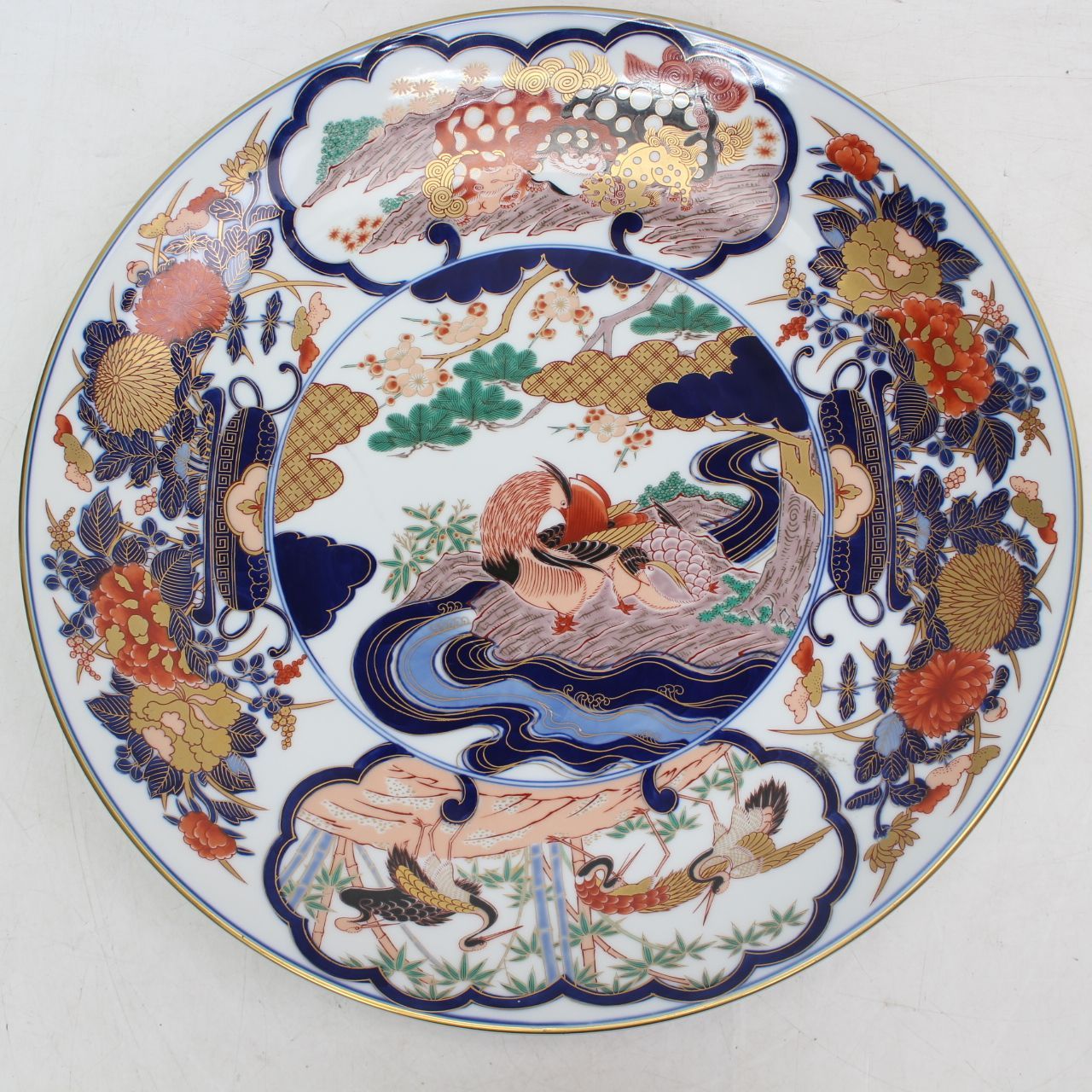772)【美品】有田焼 哲山作 飾り皿 大皿 39cm 金彩 鴛鴦 おしどり