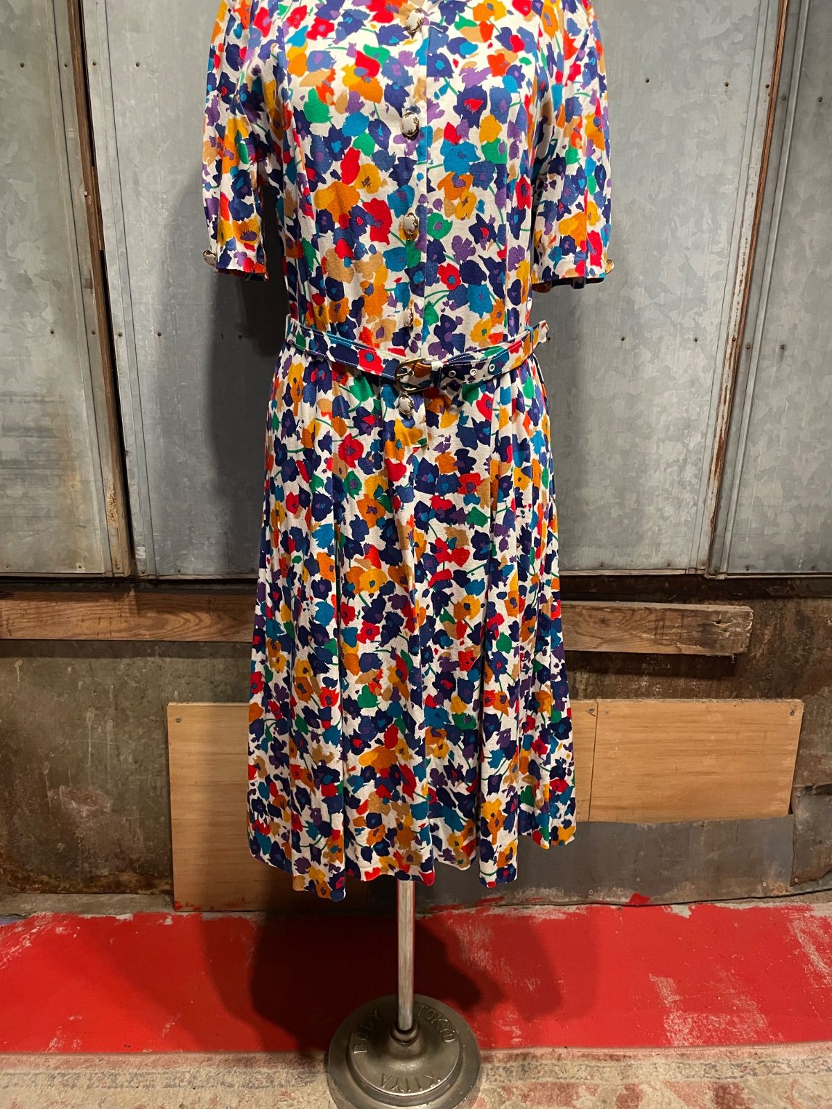 LP multicolour floral dress with matching belt (white × multi, UK16, made in England) 3