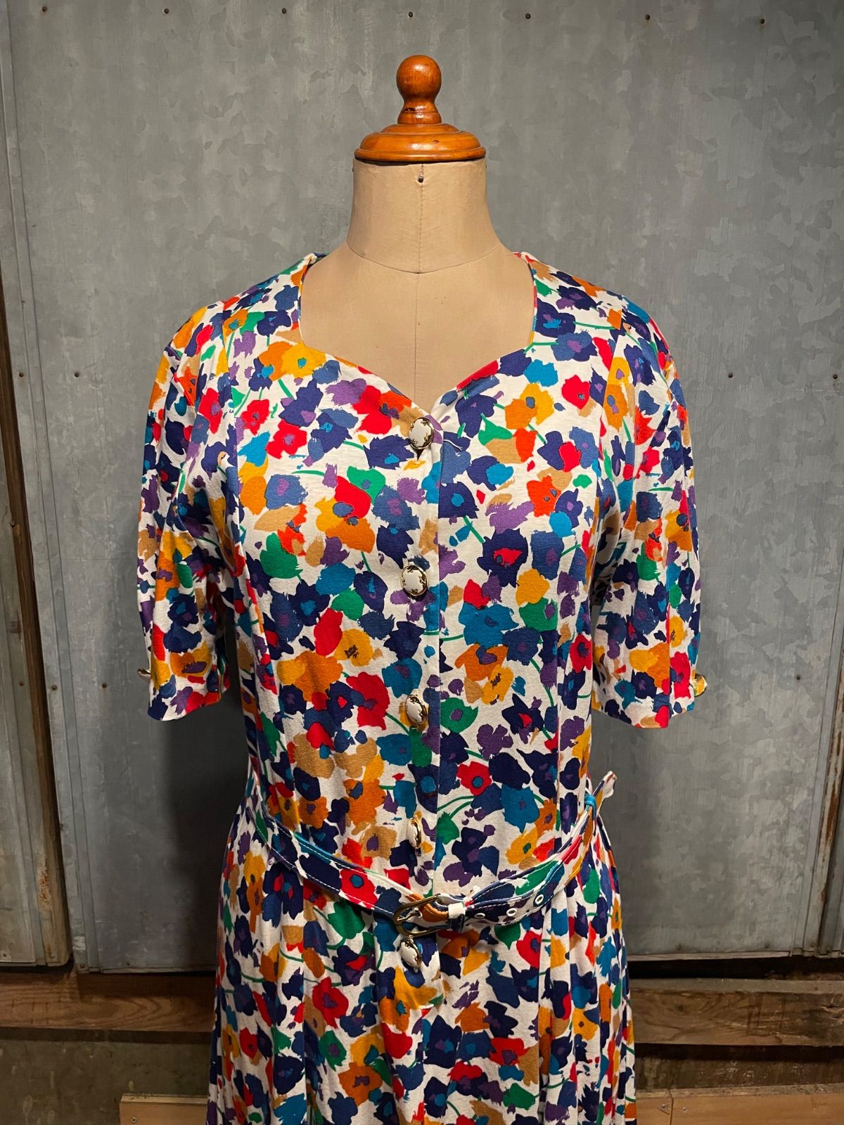 LP multicolour floral dress with matching belt (white × multi, UK16, made in England) 2