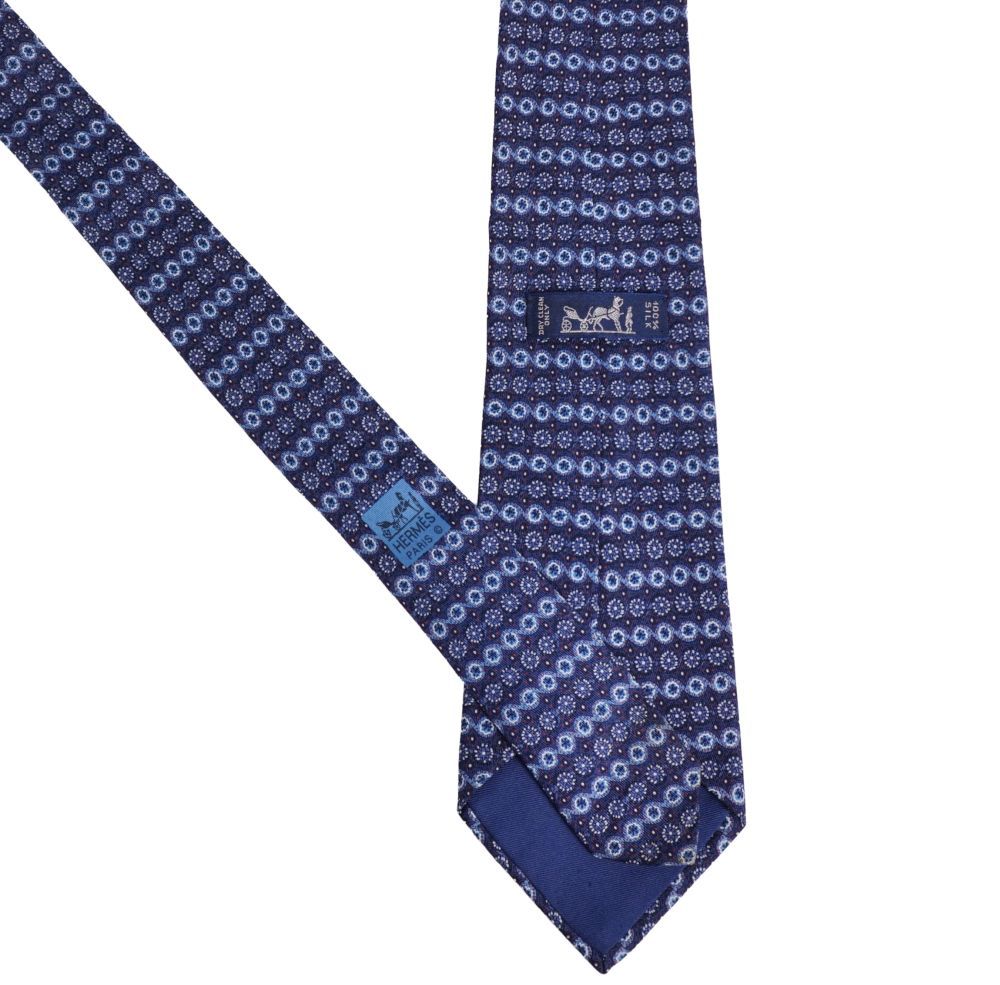 美品 エルメス HERMES ネクタイ 総柄 シルク フランス製 ネイビー