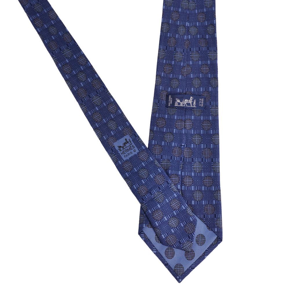 美品 エルメス HERMES ネクタイ 総柄 シルク メンズ フランス製 ネイビ