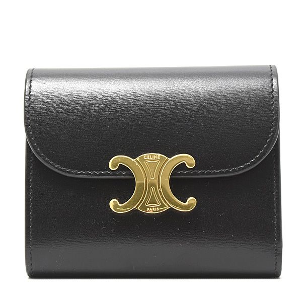 セリーヌ 財布 レディース スモール フラップウォレット トリオンフ 2つ折り財布 レザー ブラック CELINE 10D783 中古